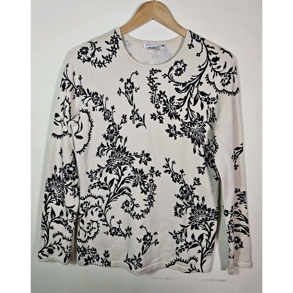 Vintage  Pendleton Cashmere Silk Floral Sweater Size M Black Tan Long Sleeve